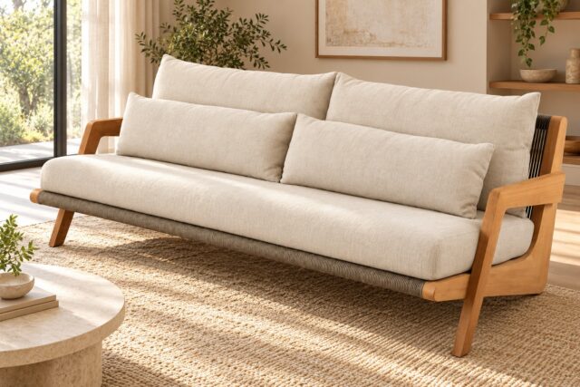 Timber-arm upholstered sofa